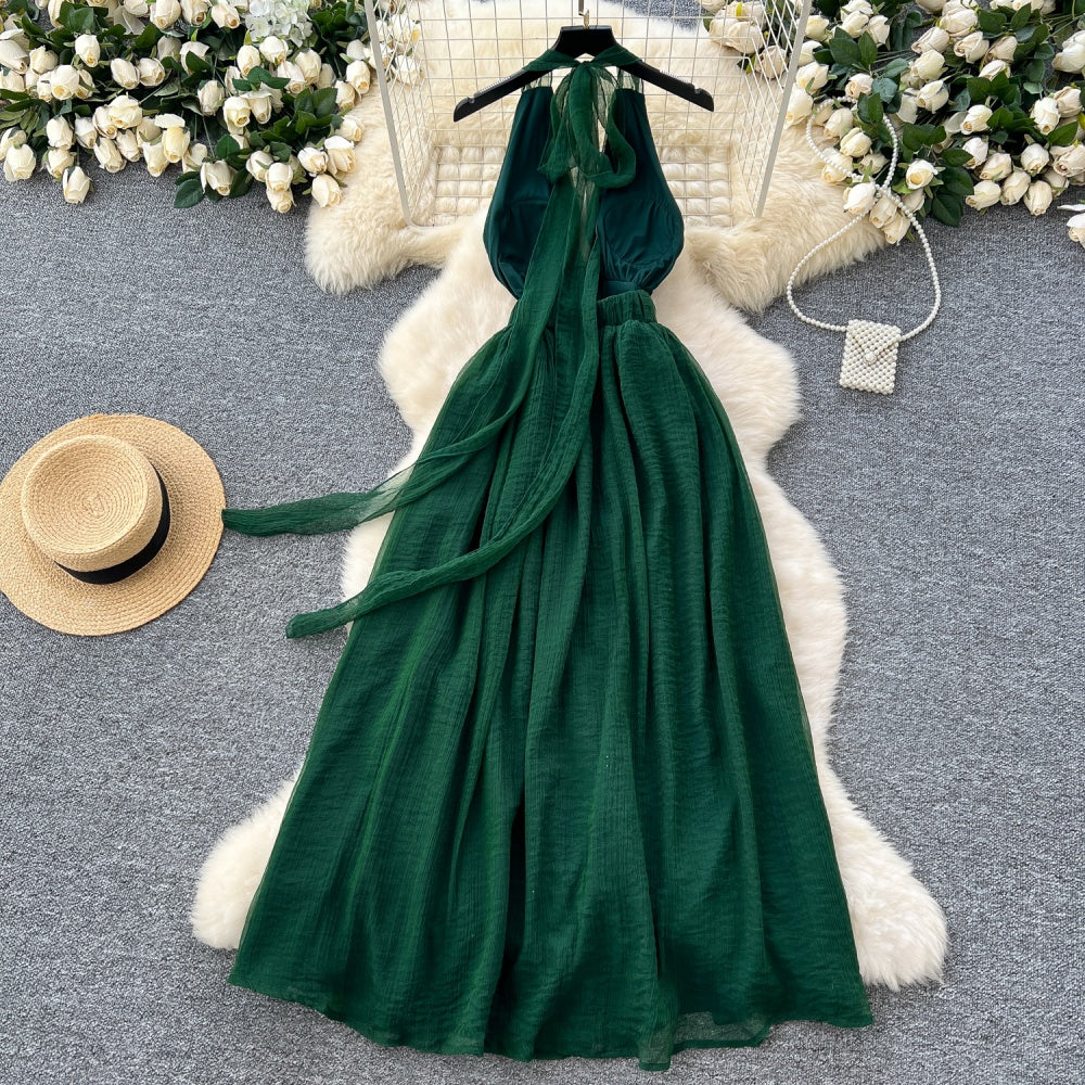 CM-DY034284 Women Elegant Seoul Style Deep V-Neck Sleeveless Pinched Waist Long Dress - Green