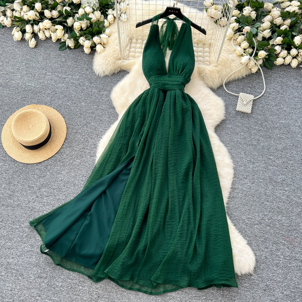 CM-DY034284 Women Elegant Seoul Style Deep V-Neck Sleeveless Pinched Waist Long Dress - Green