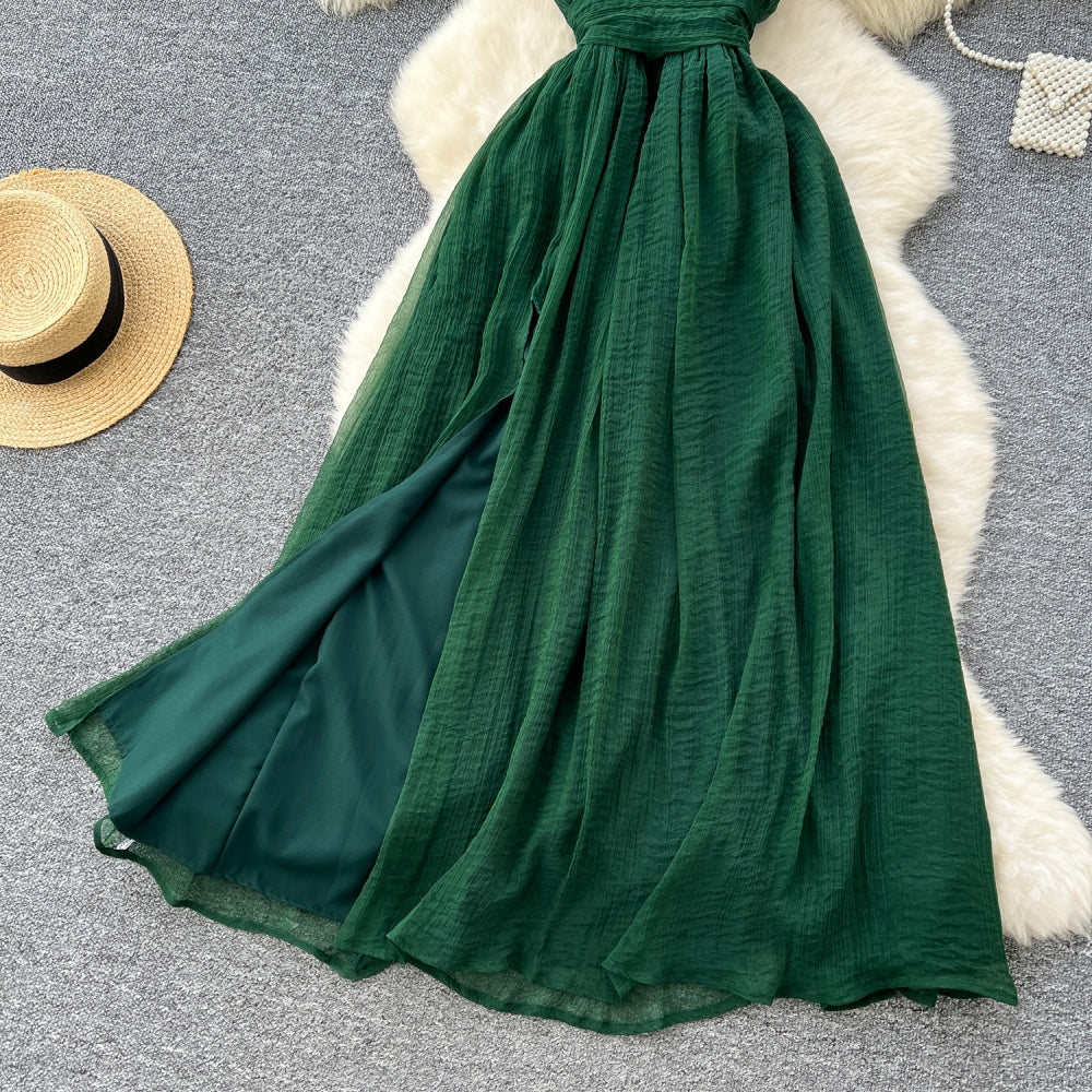 CM-DY034284 Women Elegant Seoul Style Deep V-Neck Sleeveless Pinched Waist Long Dress - Green