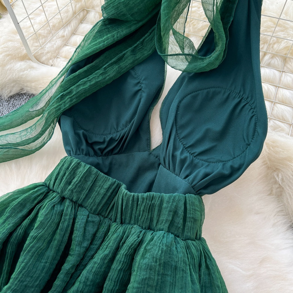 CM-DY034284 Women Elegant Seoul Style Deep V-Neck Sleeveless Pinched Waist Long Dress - Green