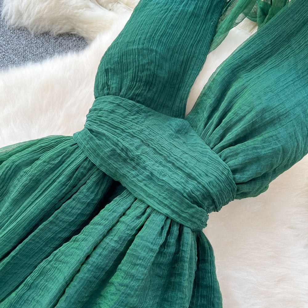 CM-DY034284 Women Elegant Seoul Style Deep V-Neck Sleeveless Pinched Waist Long Dress - Green