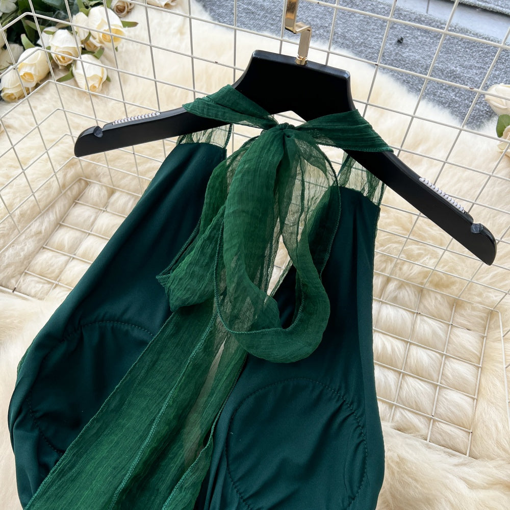 CM-DY034284 Women Elegant Seoul Style Deep V-Neck Sleeveless Pinched Waist Long Dress - Green