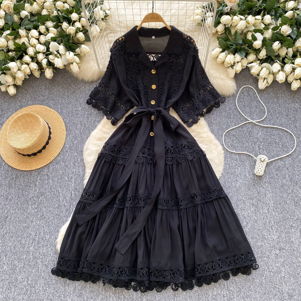 CM-DY034302 Women Elegant European Style Collar Neckline Short Sleeve Mid-Length Dress (Available in 4 colors)