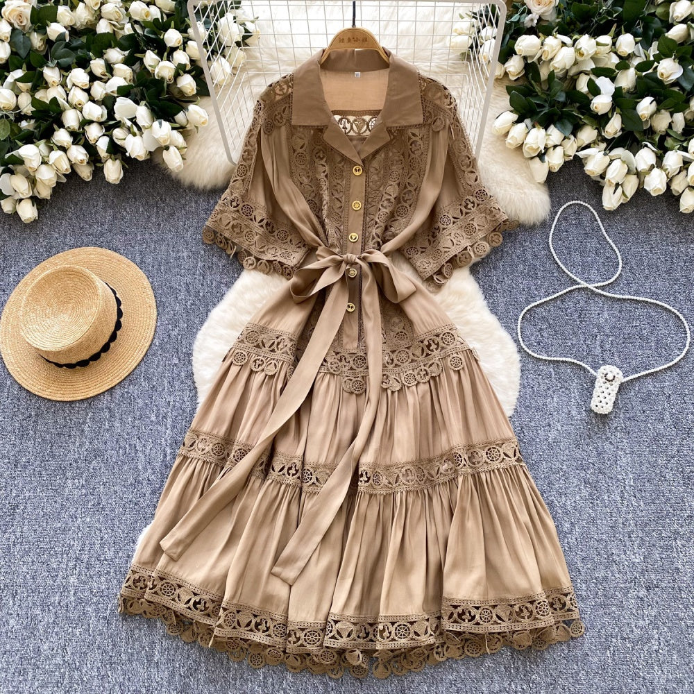 CM-DY034302 Women Elegant European Style Collar Neckline Short Sleeve Mid-Length Dress (Available in 4 colors)