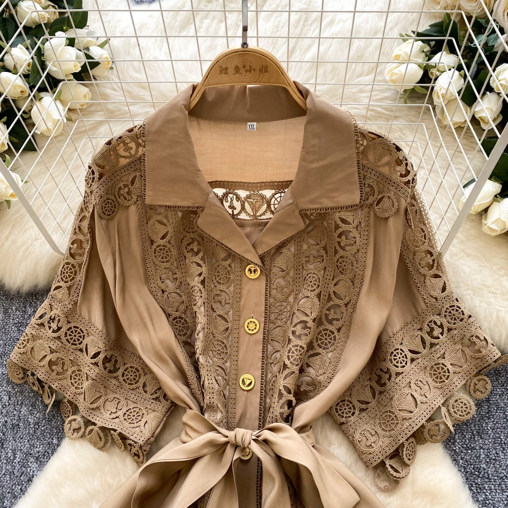 CM-DY034302 Women Elegant European Style Collar Neckline Short Sleeve Mid-Length Dress (Available in 4 colors)