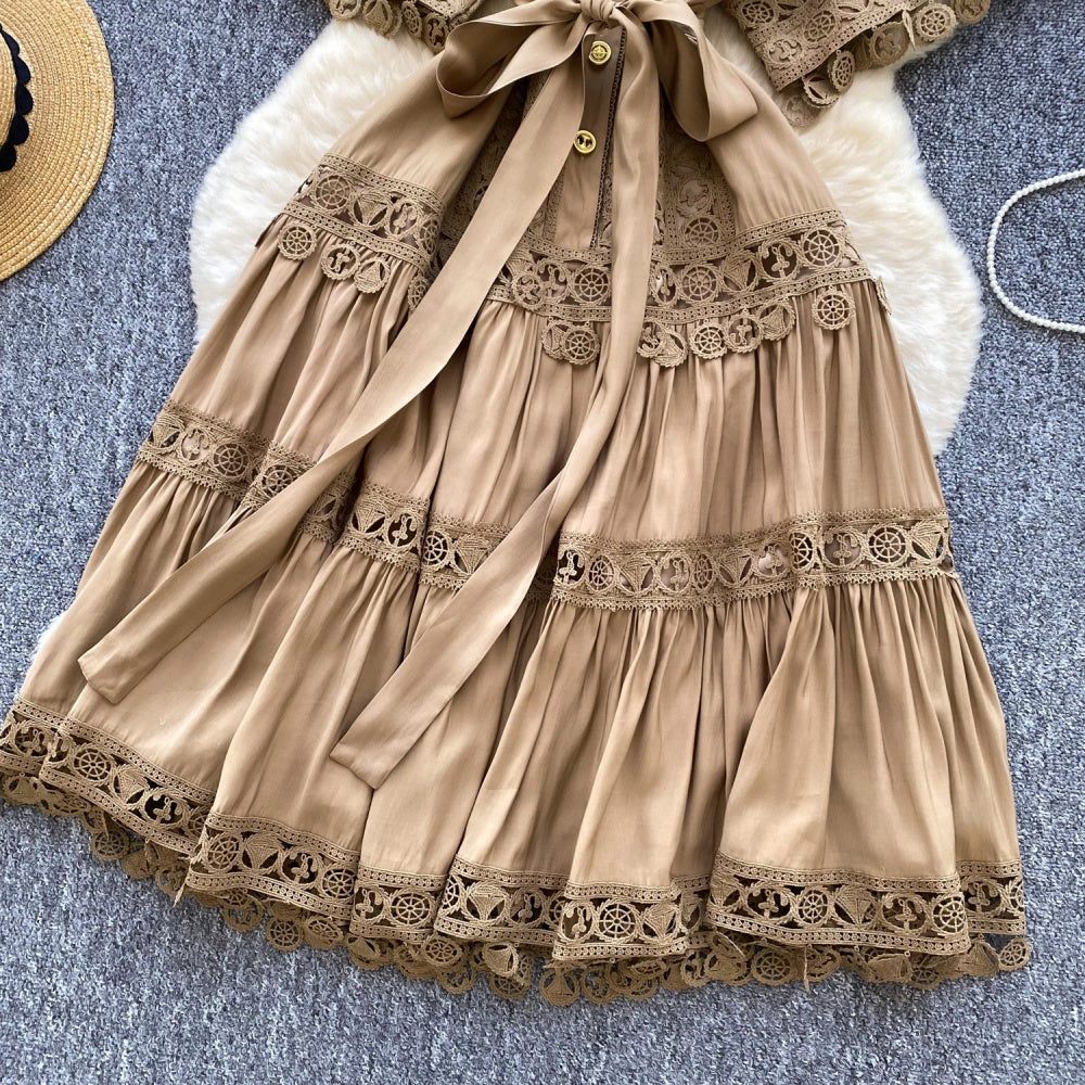 CM-DY034302 Women Elegant European Style Collar Neckline Short Sleeve Mid-Length Dress (Available in 4 colors)