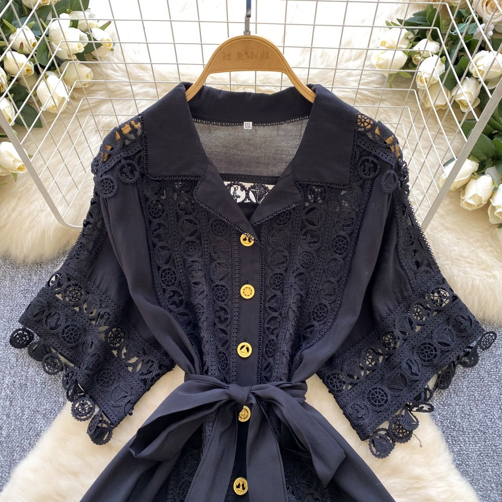 CM-DY034302 Women Elegant European Style Collar Neckline Short Sleeve Mid-Length Dress (Available in 4 colors)