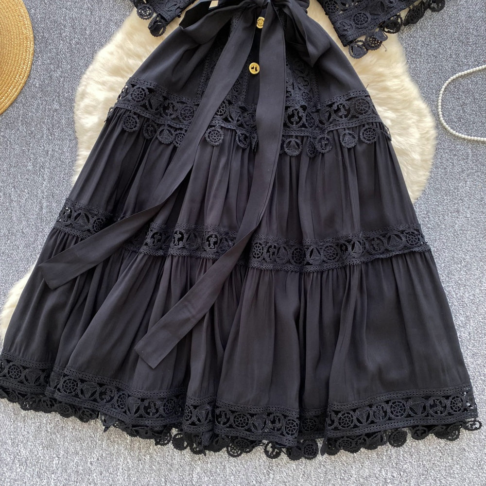 CM-DY034302 Women Elegant European Style Collar Neckline Short Sleeve Mid-Length Dress (Available in 4 colors)