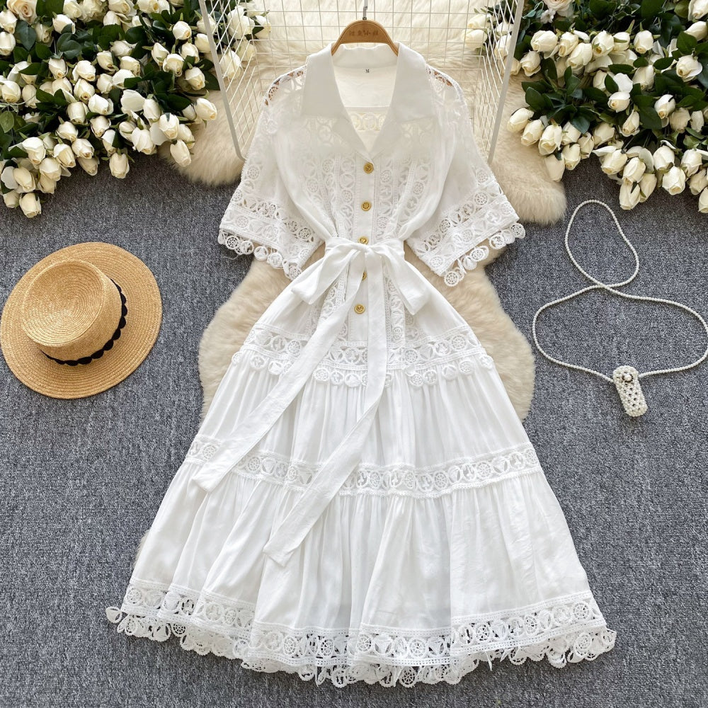 CM-DY034302 Women Elegant European Style Collar Neckline Short Sleeve Mid-Length Dress (Available in 4 colors)