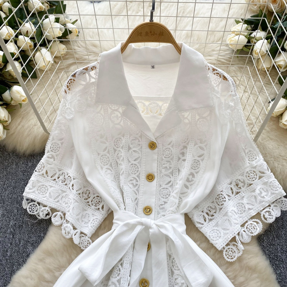 CM-DY034302 Women Elegant European Style Collar Neckline Short Sleeve Mid-Length Dress (Available in 4 colors)