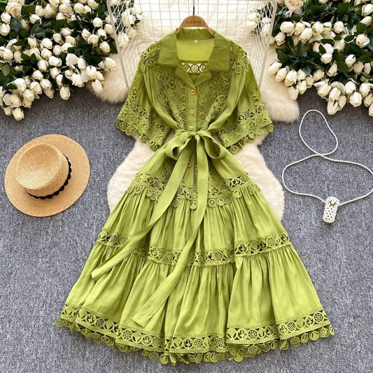 CM-DY034302 Women Elegant European Style Collar Neckline Short Sleeve Mid-Length Dress (Available in 4 colors)