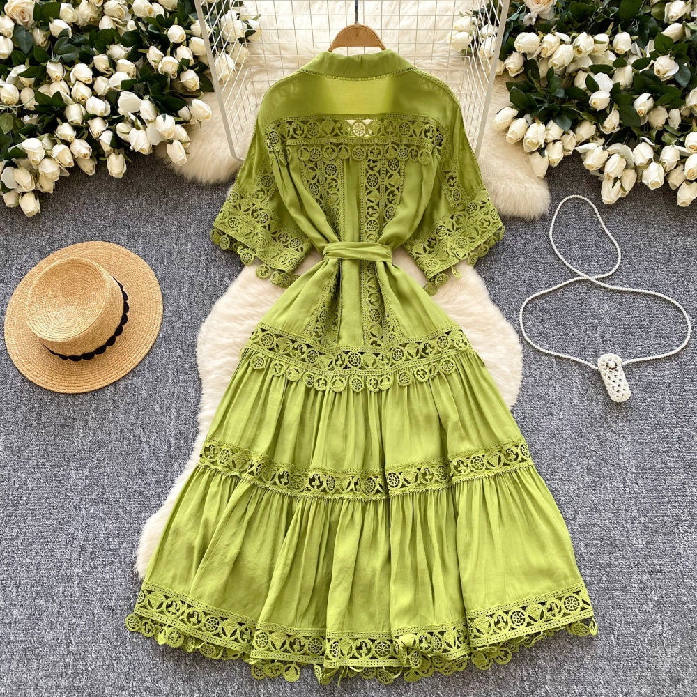 CM-DY034302 Women Elegant European Style Collar Neckline Short Sleeve Mid-Length Dress (Available in 4 colors)