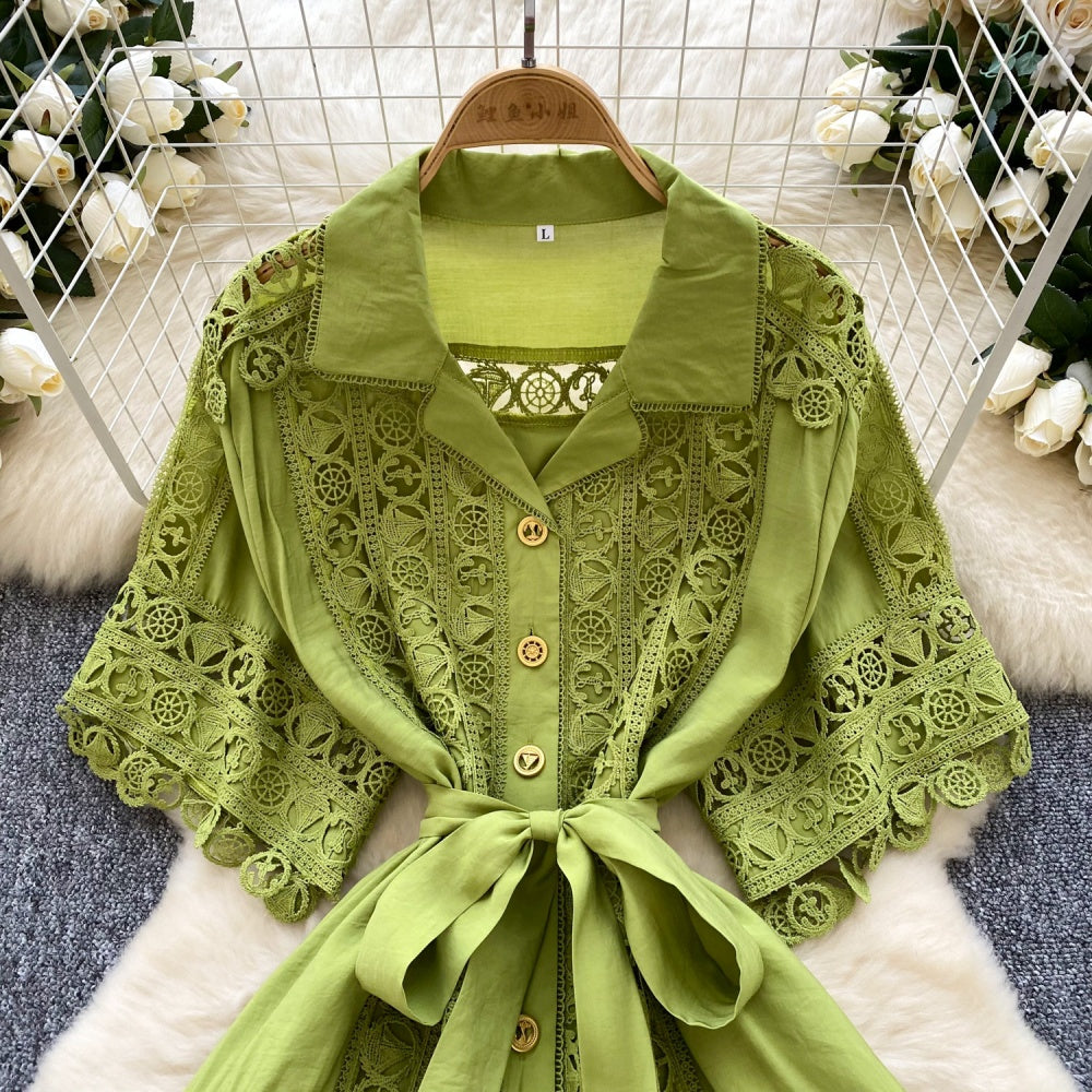 CM-DY034302 Women Elegant European Style Collar Neckline Short Sleeve Mid-Length Dress (Available in 4 colors)