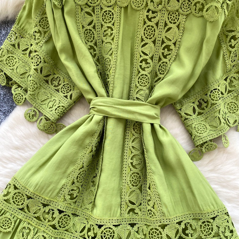 CM-DY034302 Women Elegant European Style Collar Neckline Short Sleeve Mid-Length Dress (Available in 4 colors)