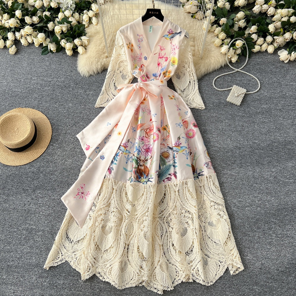 CM-DY034304 Women Elegant European Style All-Over Print V-Neck Long Sleeve Maxi Dress - Apricot