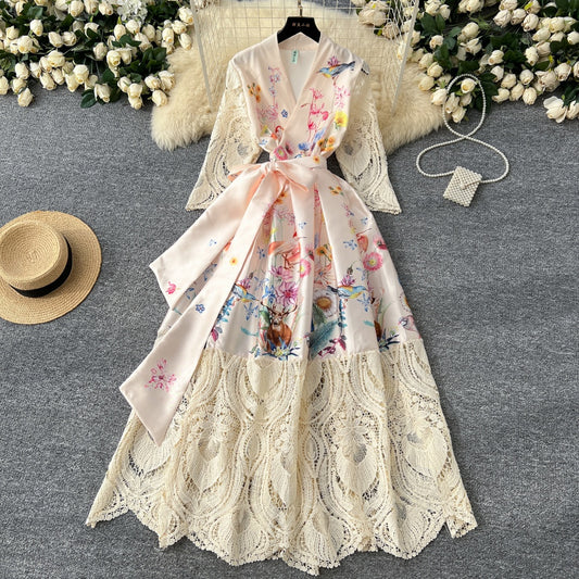 CM-DY034304 Women Elegant European Style All-Over Print V-Neck Long Sleeve Maxi Dress - Apricot