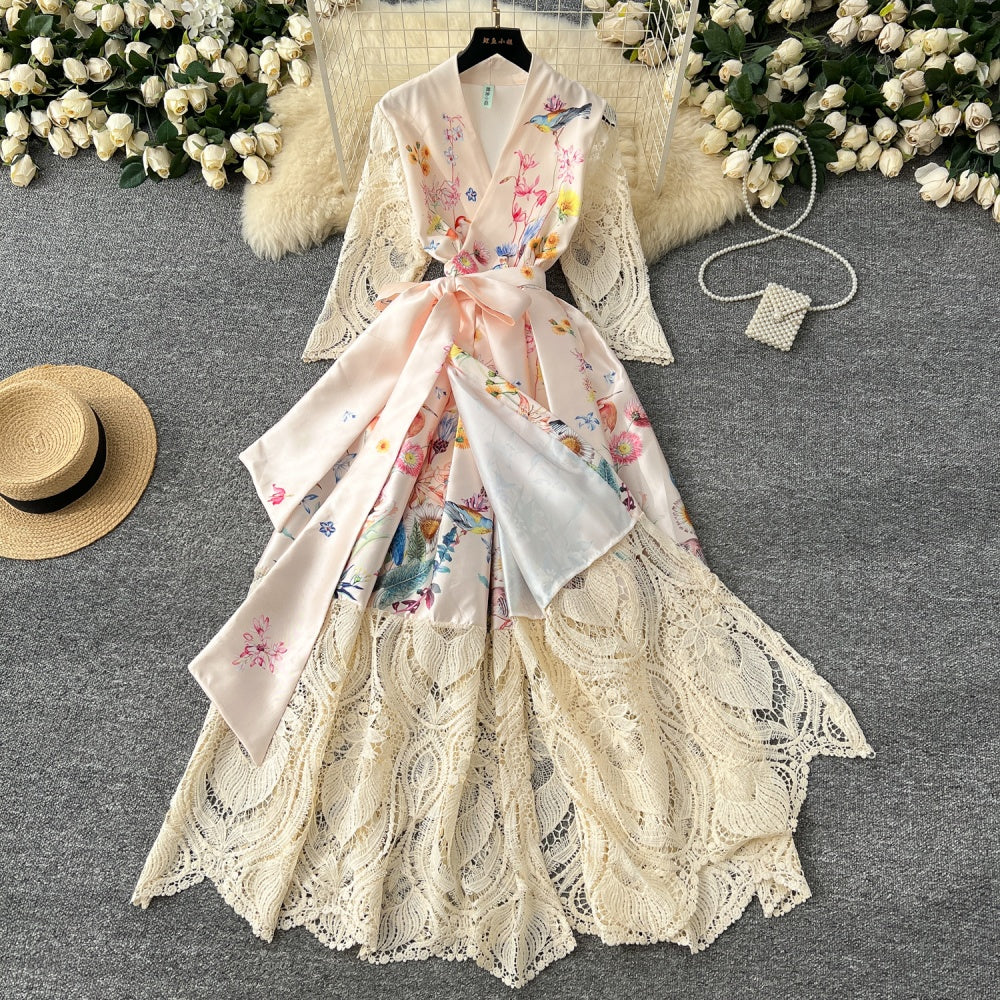 CM-DY034304 Women Elegant European Style All-Over Print V-Neck Long Sleeve Maxi Dress - Apricot