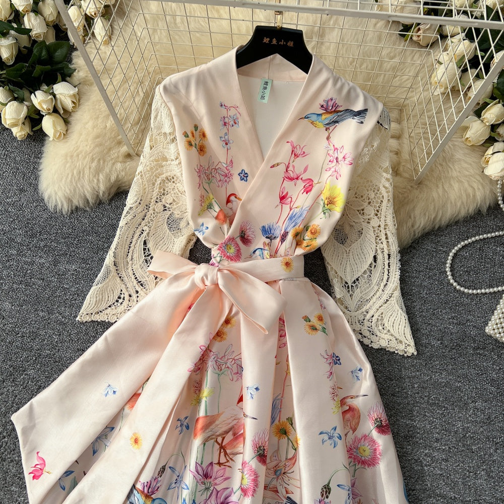 CM-DY034304 Women Elegant European Style All-Over Print V-Neck Long Sleeve Maxi Dress - Apricot