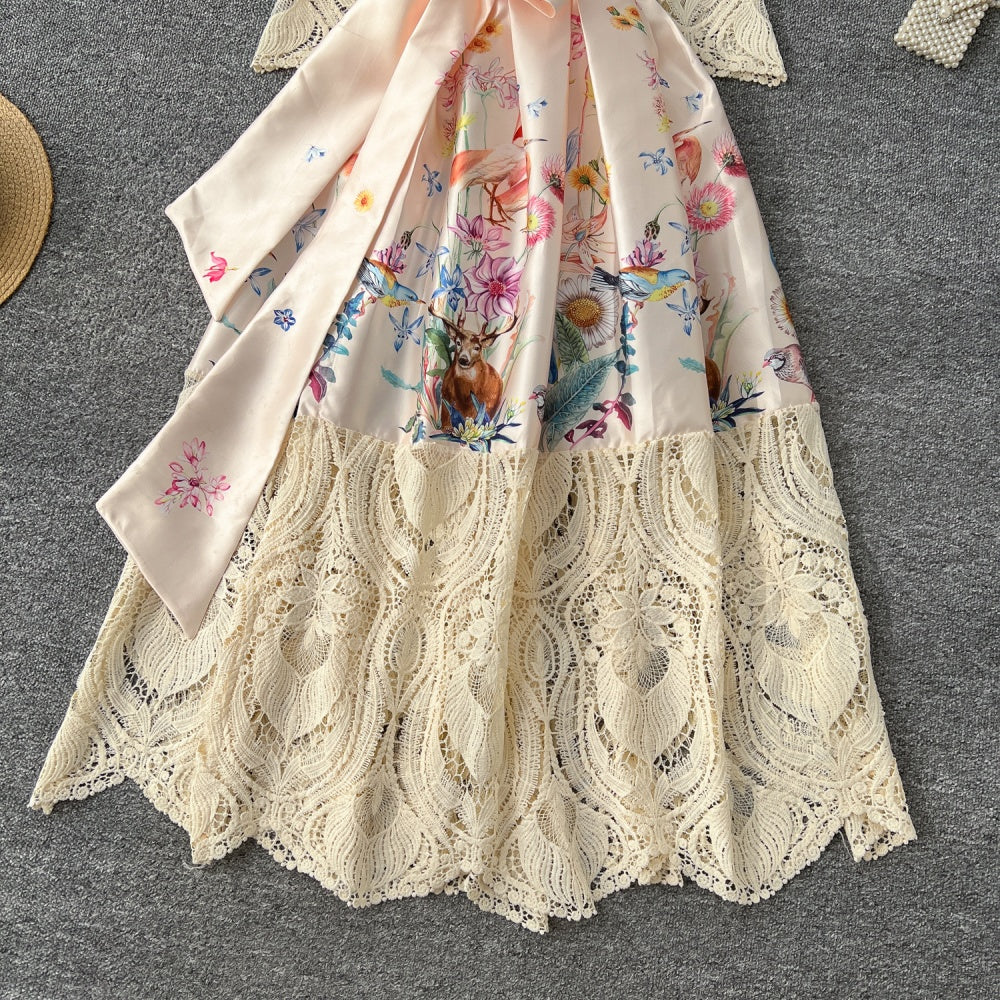 CM-DY034304 Women Elegant European Style All-Over Print V-Neck Long Sleeve Maxi Dress - Apricot