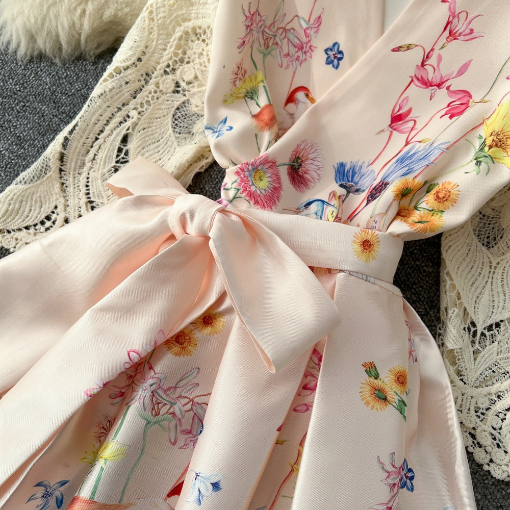 CM-DY034304 Women Elegant European Style All-Over Print V-Neck Long Sleeve Maxi Dress - Apricot