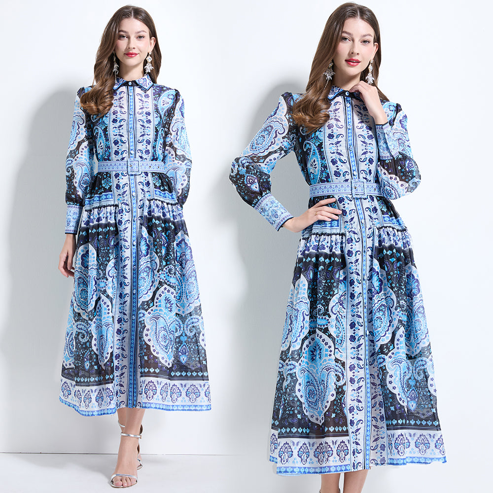 CM-DY034612 Women Elegant European Style Collar Neckline Long Sleeve Pinched Waist Dress - Blue