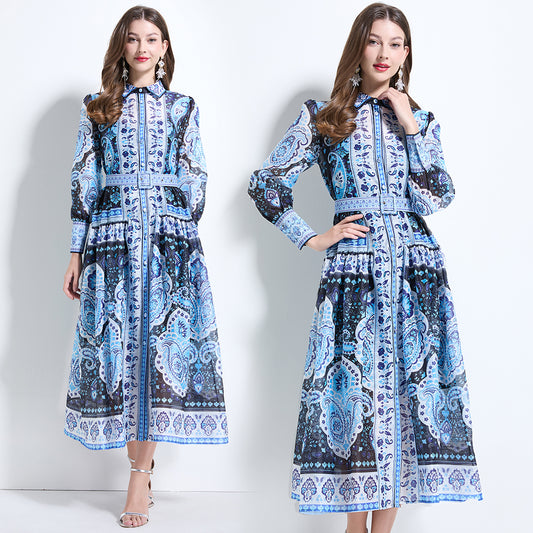 CM-DY034612 Women Elegant European Style Collar Neckline Long Sleeve Pinched Waist Dress - Blue