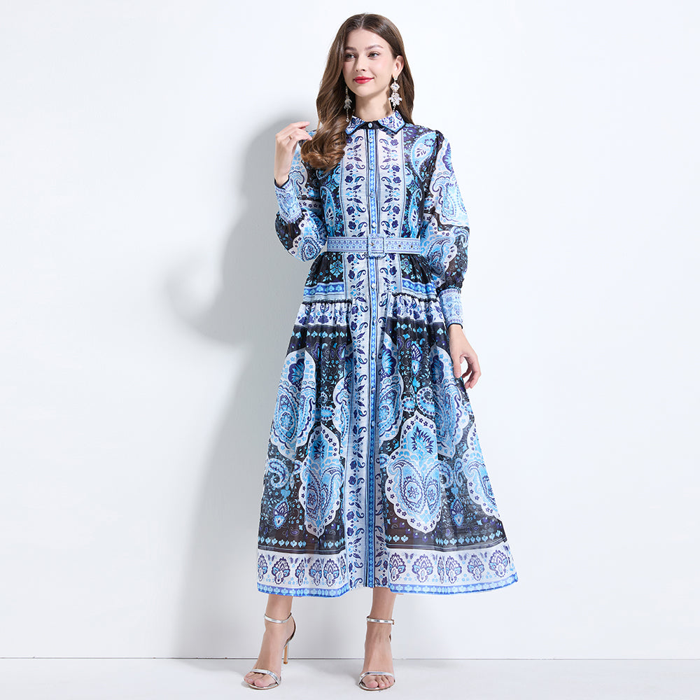 CM-DY034612 Women Elegant European Style Collar Neckline Long Sleeve Pinched Waist Dress - Blue