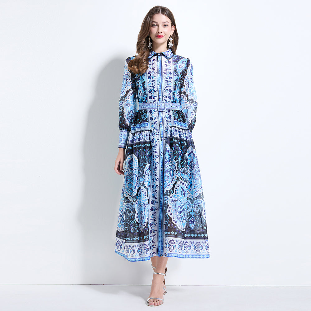 CM-DY034612 Women Elegant European Style Collar Neckline Long Sleeve Pinched Waist Dress - Blue