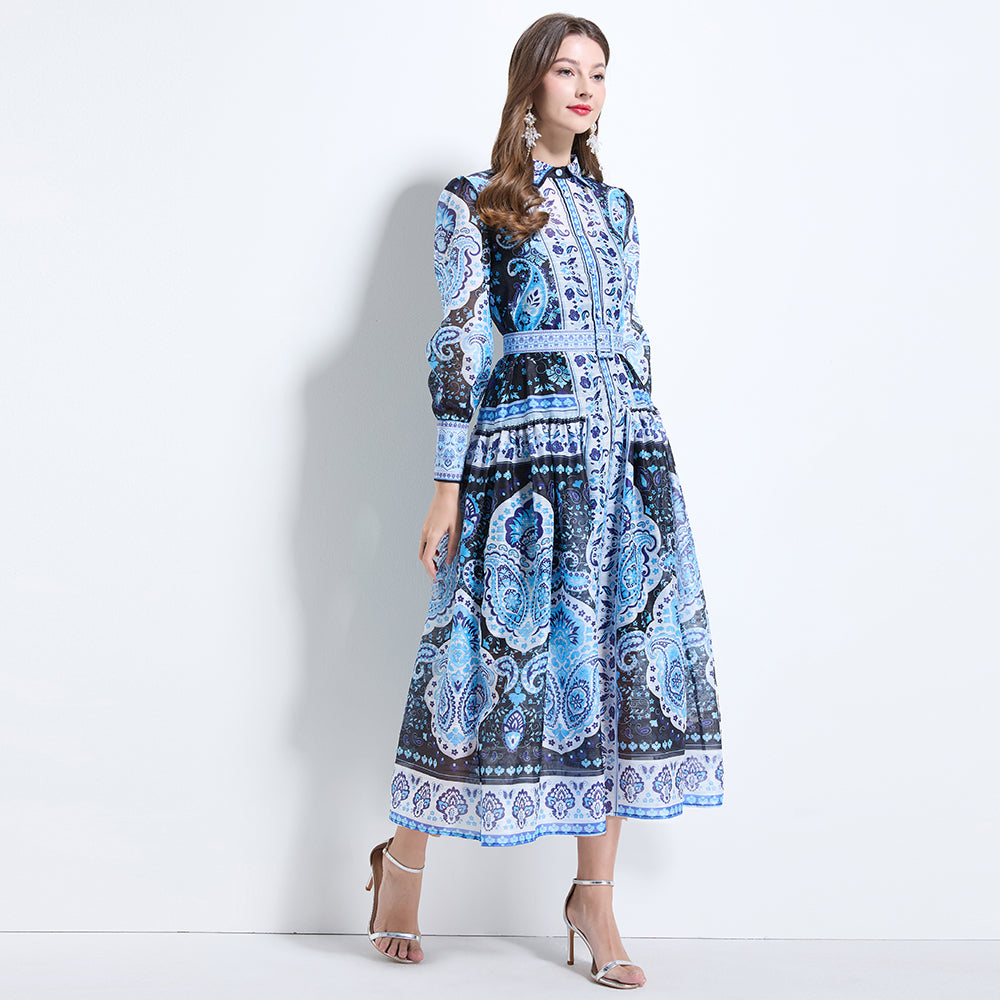 CM-DY034612 Women Elegant European Style Collar Neckline Long Sleeve Pinched Waist Dress - Blue