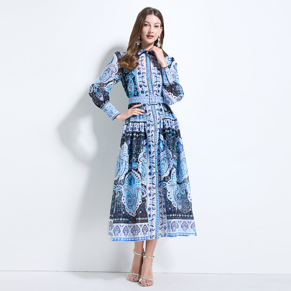 CM-DY034612 Women Elegant European Style Collar Neckline Long Sleeve Pinched Waist Dress - Blue