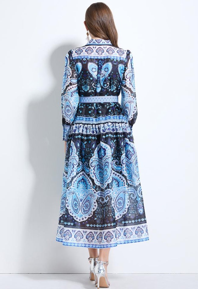 CM-DY034612 Women Elegant European Style Collar Neckline Long Sleeve Pinched Waist Dress - Blue