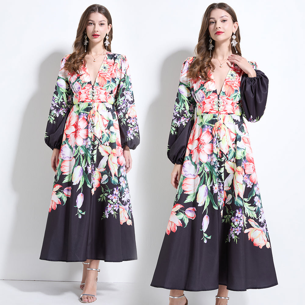 CM-DY034617 Women Elegant European Style Deep V-Neck Long Sleeve Pinched Waist Dress - Black