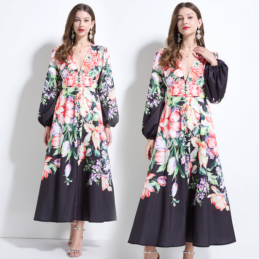 CM-DY034617 Women Elegant European Style Deep V-Neck Long Sleeve Pinched Waist Dress - Black