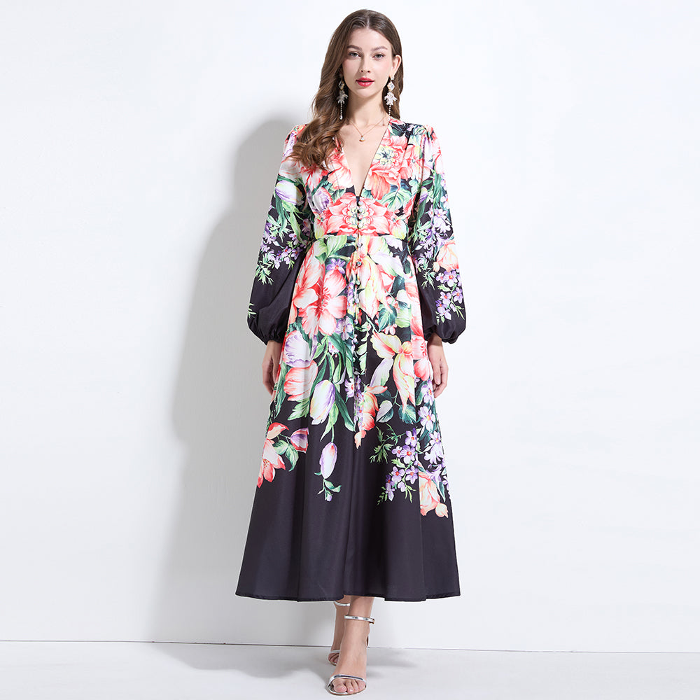 CM-DY034617 Women Elegant European Style Deep V-Neck Long Sleeve Pinched Waist Dress - Black