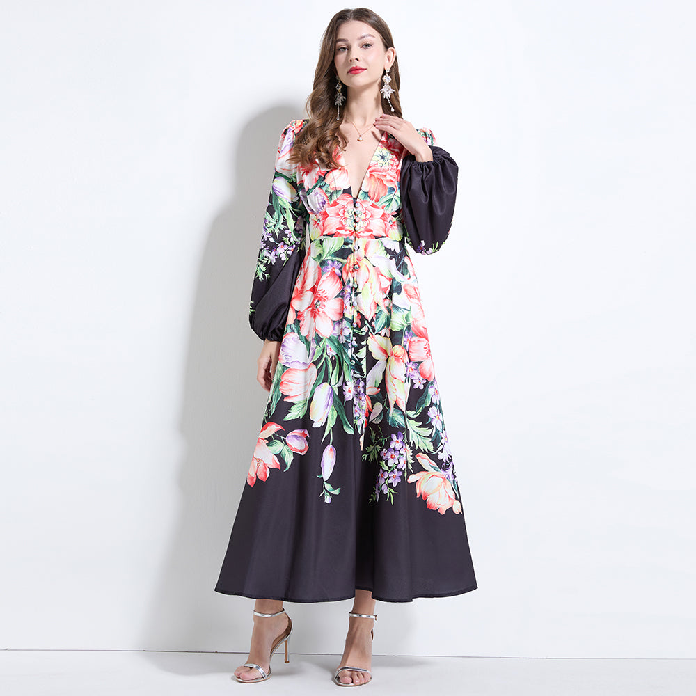 CM-DY034617 Women Elegant European Style Deep V-Neck Long Sleeve Pinched Waist Dress - Black