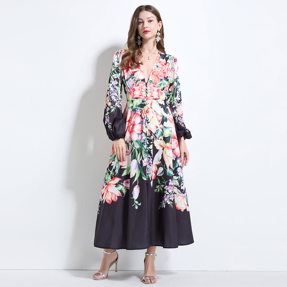 CM-DY034617 Women Elegant European Style Deep V-Neck Long Sleeve Pinched Waist Dress - Black