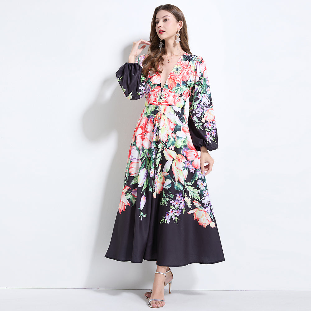 CM-DY034617 Women Elegant European Style Deep V-Neck Long Sleeve Pinched Waist Dress - Black