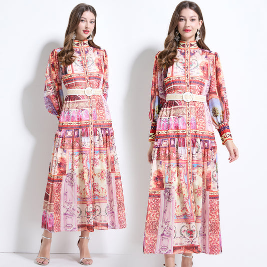 CM-DY034620 Women Retro European Style Stand Collar Lantern Sleeve Chiffon Print Dress