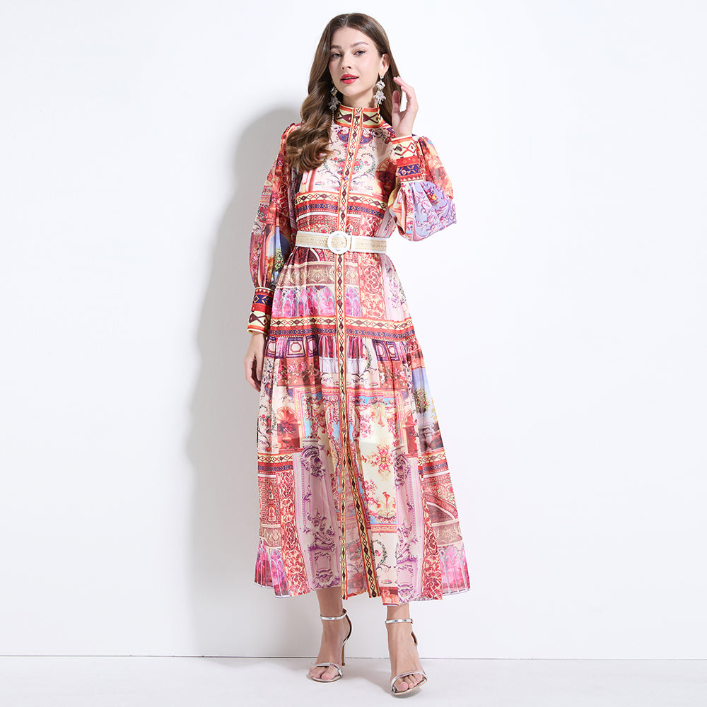 CM-DY034620 Women Retro European Style Stand Collar Lantern Sleeve Chiffon Print Dress