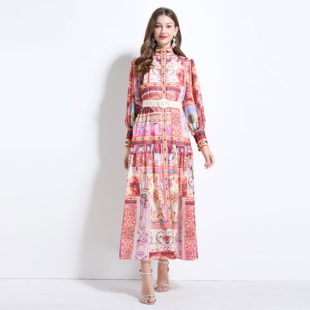 CM-DY034620 Women Retro European Style Stand Collar Lantern Sleeve Chiffon Print Dress