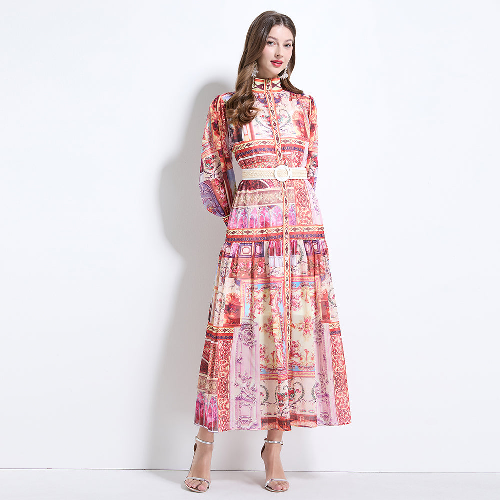 CM-DY034620 Women Retro European Style Stand Collar Lantern Sleeve Chiffon Print Dress