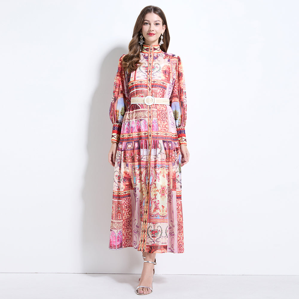 CM-DY034620 Women Retro European Style Stand Collar Lantern Sleeve Chiffon Print Dress