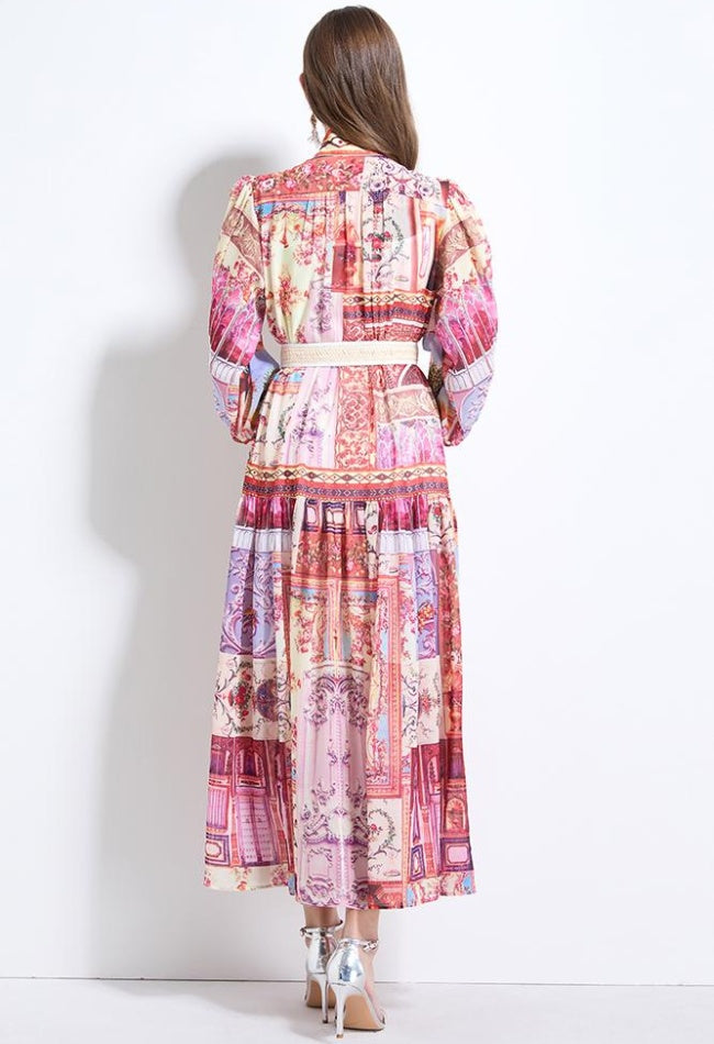 CM-DY034620 Women Retro European Style Stand Collar Lantern Sleeve Chiffon Print Dress