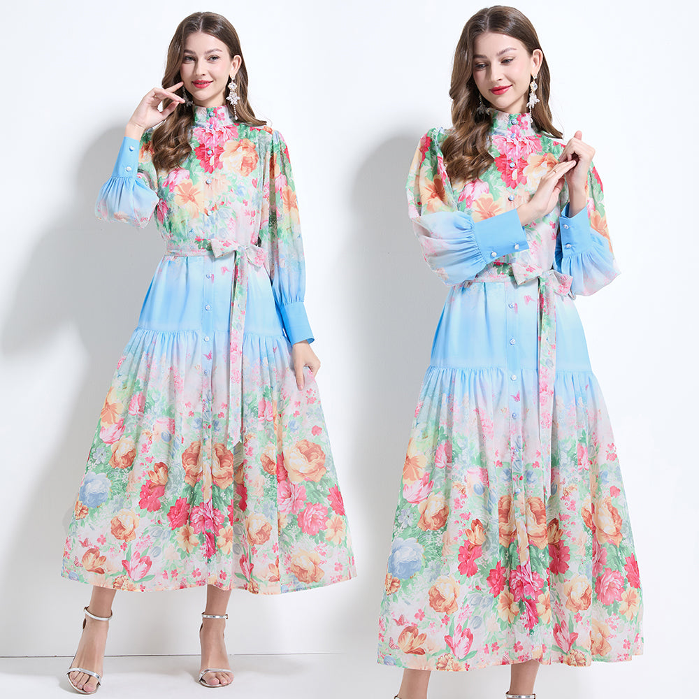 CM-DY034623 Women Elegant European Style Stand Collar Long Sleeve Floral Prints Midi Dress
