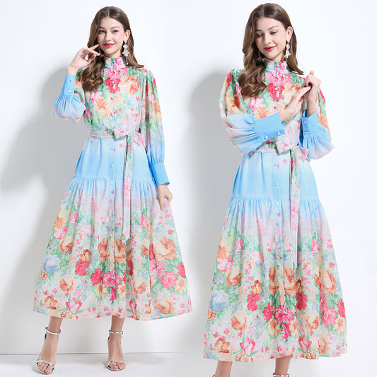 CM-DY034623 Women Elegant European Style Stand Collar Long Sleeve Floral Prints Midi Dress