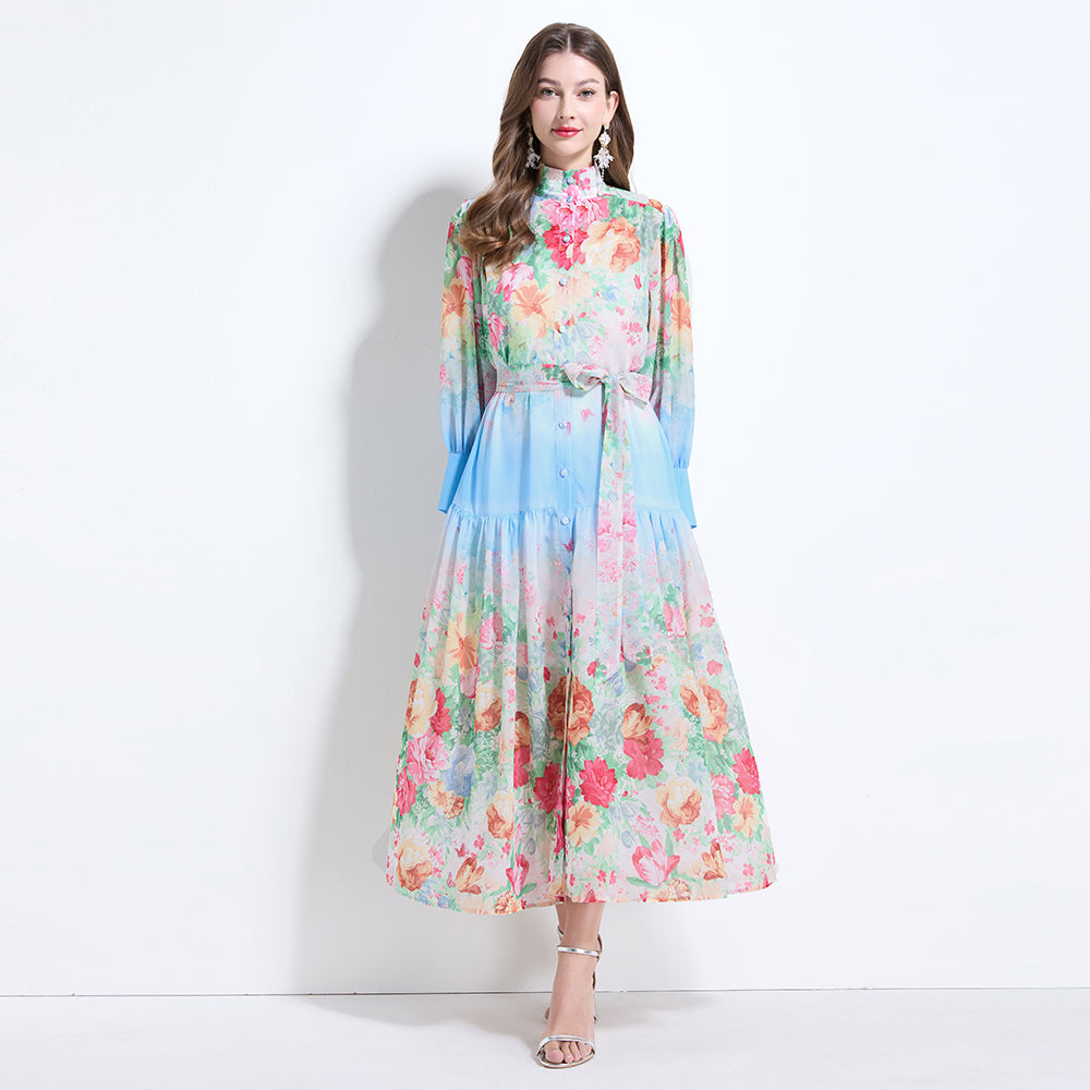 CM-DY034623 Women Elegant European Style Stand Collar Long Sleeve Floral Prints Midi Dress