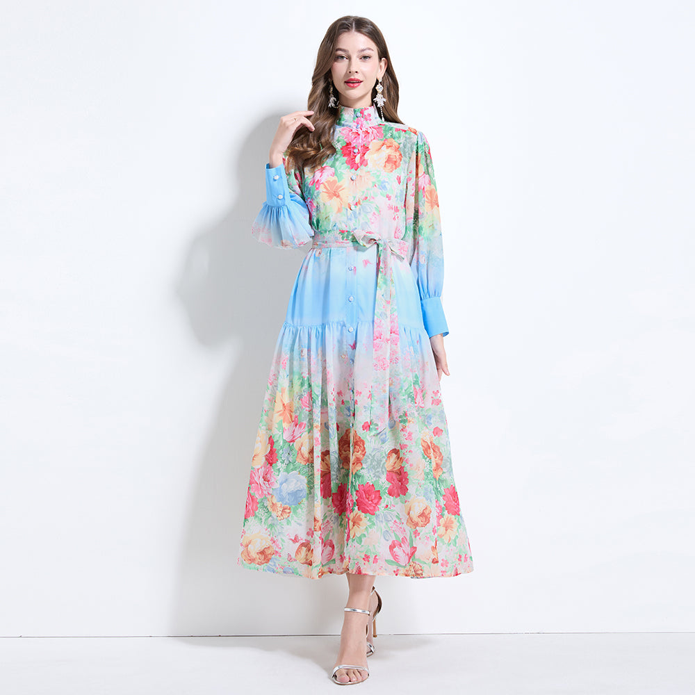 CM-DY034623 Women Elegant European Style Stand Collar Long Sleeve Floral Prints Midi Dress