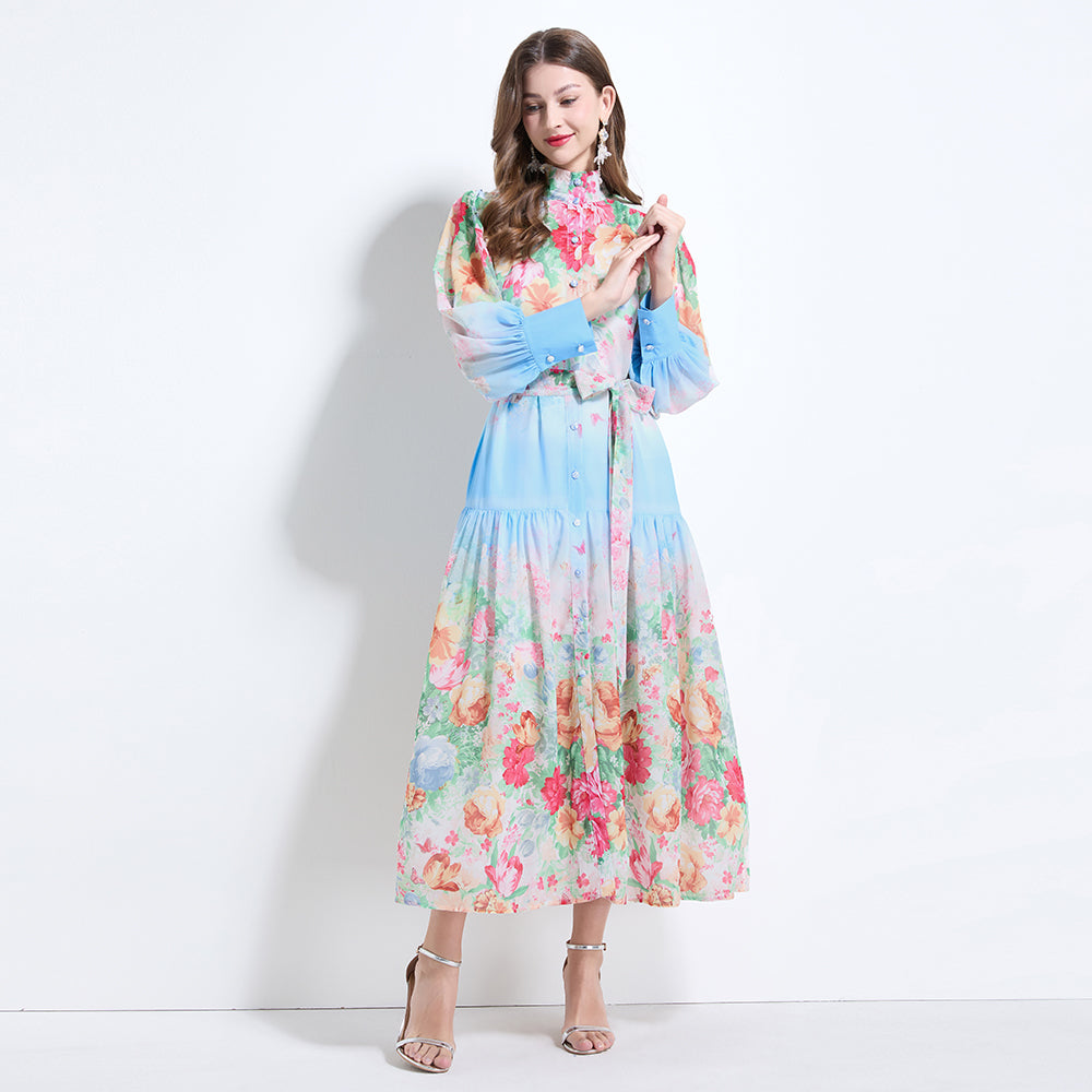CM-DY034623 Women Elegant European Style Stand Collar Long Sleeve Floral Prints Midi Dress