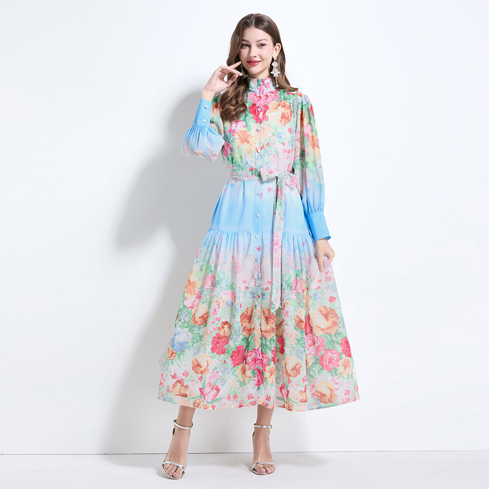 CM-DY034623 Women Elegant European Style Stand Collar Long Sleeve Floral Prints Midi Dress