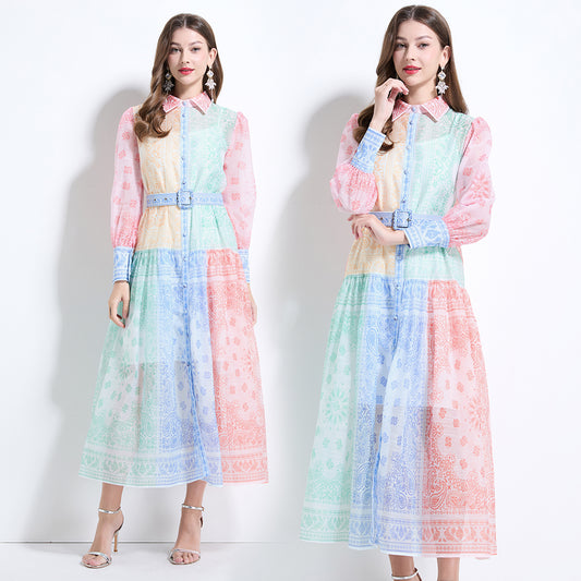 CM-DY034624 Women Elegant European Style Multicolor Collar Neckline Long Sleeve Maxi Dress